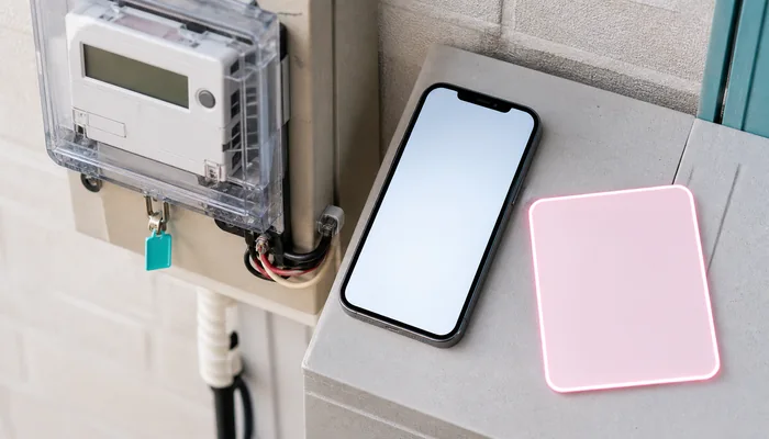 電気メーターのそばに置かれたスマートフォンと紹介特典をイメージしたカード