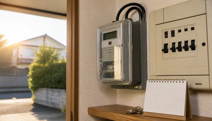 電気メーターとブレーカー、鍵、予定カード
