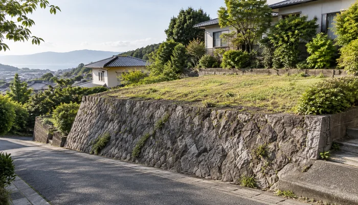 道路沿いに石積みの擁壁が続き、その上に傾斜した住宅用地と家が見える。