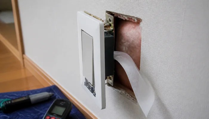 壁から少し外した電気スイッチと内部の断熱材