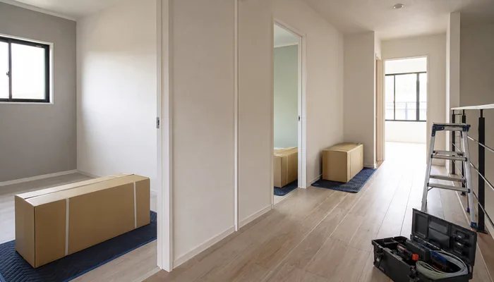 3つの部屋の前に置かれたエアコン梱包箱と工事用工具