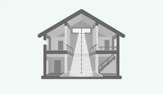 吹き抜けの断面と高窓から床へ届く光、寸法目盛りを描いた図