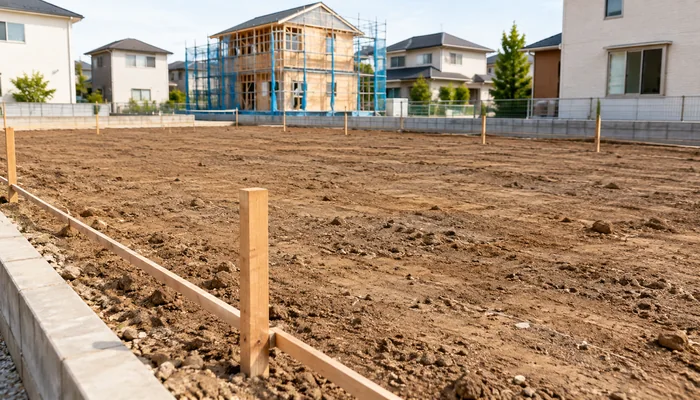 整地された住宅用地に木の杭と縄が張られ、奥に建築中の木造住宅が見える