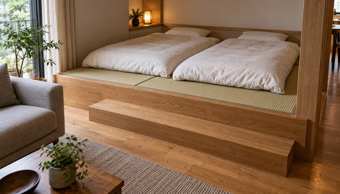 木床から幅広の段を上がった畳に、二組の白い布団が並んでいる