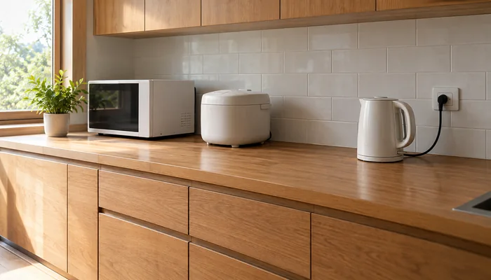 木製カップボードの天板に電子レンジと炊飯器、ケトルが並び、壁のコンセントにつながっている