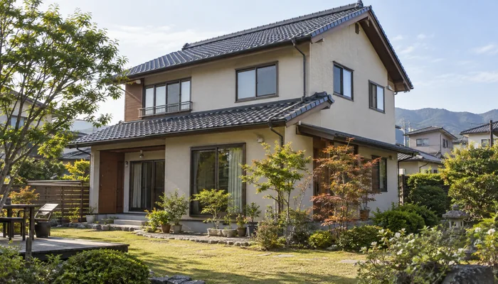 庭木に囲まれた白い戸建ての外壁と瓦屋根、雨どいが朝の光に照らされている