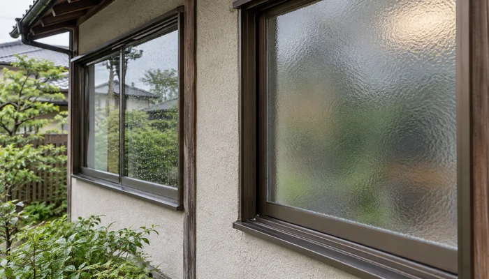 住宅の外壁に庭が透けて見える窓と光をぼかす型ガラスの窓が並び、ガラスに雨粒が残っている