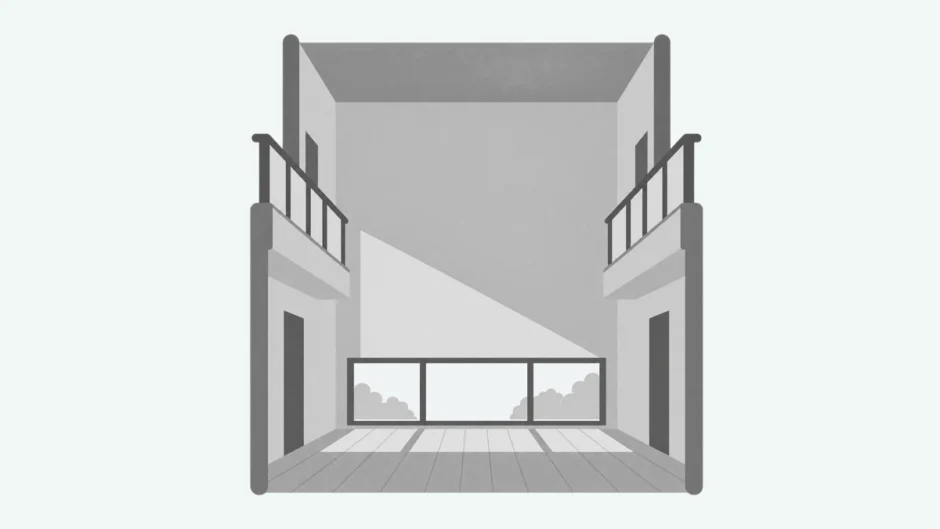 窓のない上部壁と、下部の横長窓から光を取り込む吹き抜け空間のイラスト