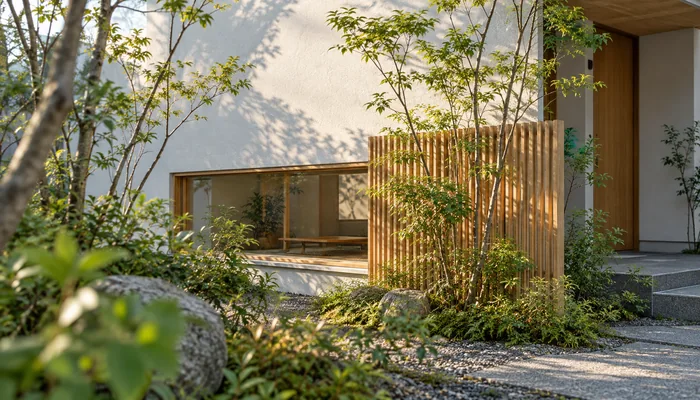 玄関脇の低い横長窓の前に木格子と植栽があり、朝の光が壁に差している