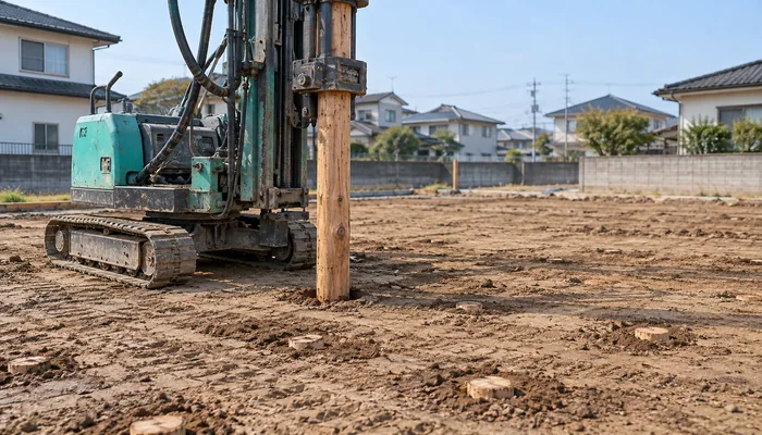 住宅地の造成地で、重機が木杭を地中へ圧入し、周囲に施工箇所が並んでいる