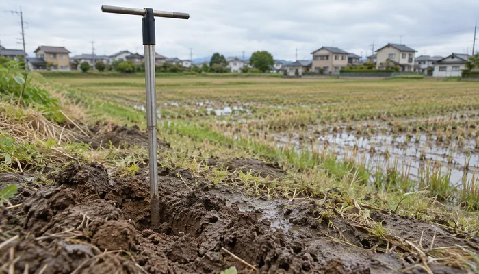 湿った田の土に細い金属棒が立ち、奥に水田と戸建てが広がっている