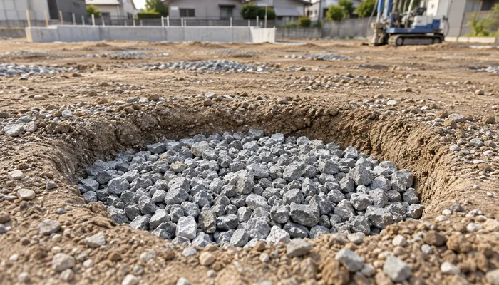 乾いた造成地の施工穴に灰色の砕石が詰められ、奥に地盤調査機材と住宅基礎がぼけて見える
