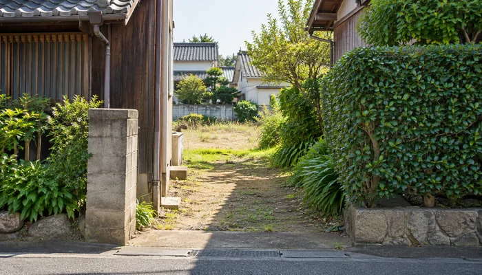 古い住宅と生垣の間の細い通路の先に、日が差す空き地が見える