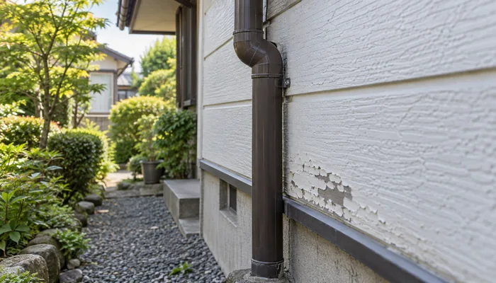 戸建ての白い外壁の塗膜が一部剥がれ、縦の雨どいと庭木が見える