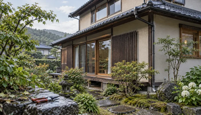 庭の石畳に剪定ばさみが置かれ、雨どいのある戸建ての外壁と瓦屋根が見える