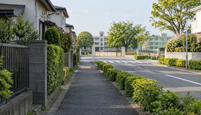 戸建ての並ぶ歩道の先に、小学校の校舎と木々が見える