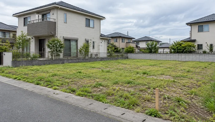 草の生えた住宅用地に木の杭が立ち、周囲に戸建てが並んでいる