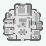 広いリビングを中央に、寝室や水回りを配置した家の平面図イラスト