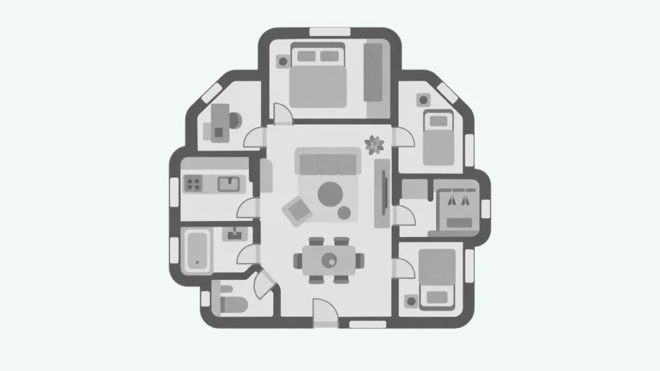 広いリビングを中央に、寝室や水回りを配置した家の平面図イラスト