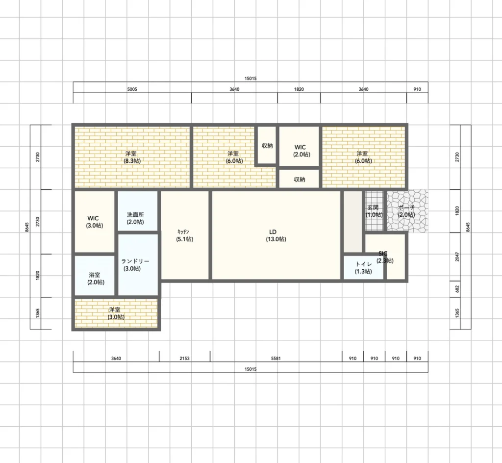横長の建物にLD13帖、キッチン5.1帖、複数の洋室、WIC、ランドリーや水回りを配置した自作の間取り図
