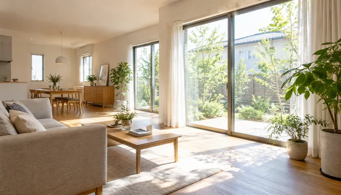 掃き出し窓から朝の光が入り、木の床と観葉植物が明るいリビング