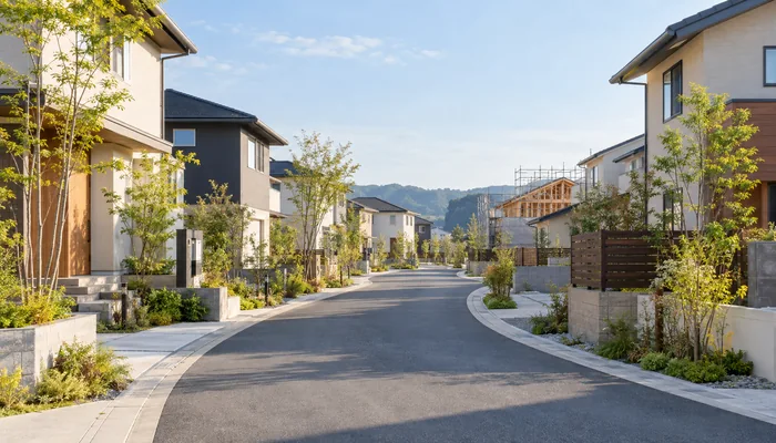 緩やかに曲がる住宅街の道路沿いに戸建てが並び、奥に木造住宅の骨組みが見える