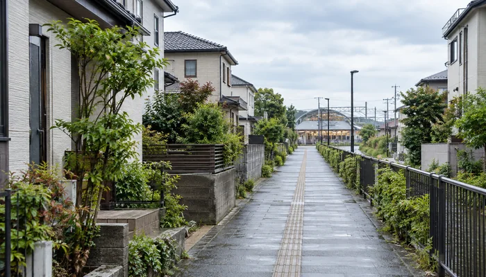 戸建てが並ぶ住宅街の歩道が、遠くの駅へまっすぐ続いている