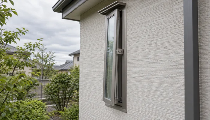 住宅外壁の縦長窓が少し開き、窓枠の金具と短い軒が見える