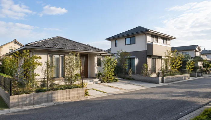 住宅街に並ぶ平屋と二階建ての戸建てが、屋根の高さと広さの違いを見せている