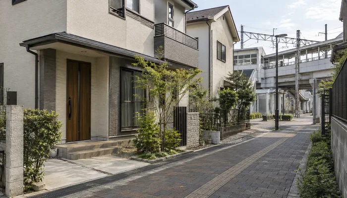 小さな植栽のある戸建ての先に、駅の高架と駅舎が見える