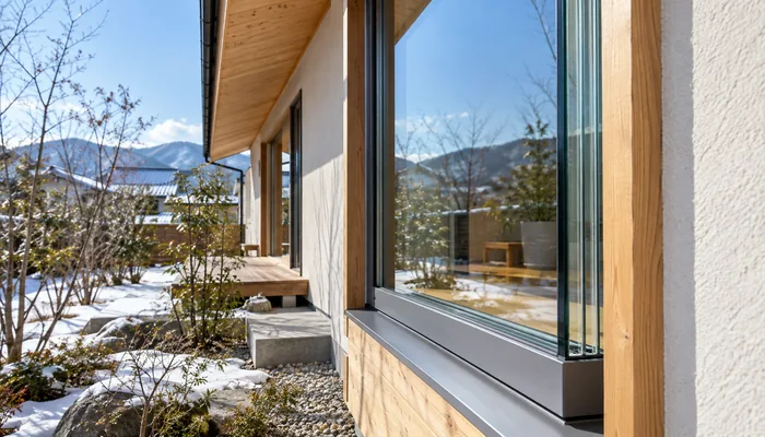 雪の残る庭に面した木と白壁の住宅。大きな窓のガラス端と濃いサッシが外壁に沿って見える