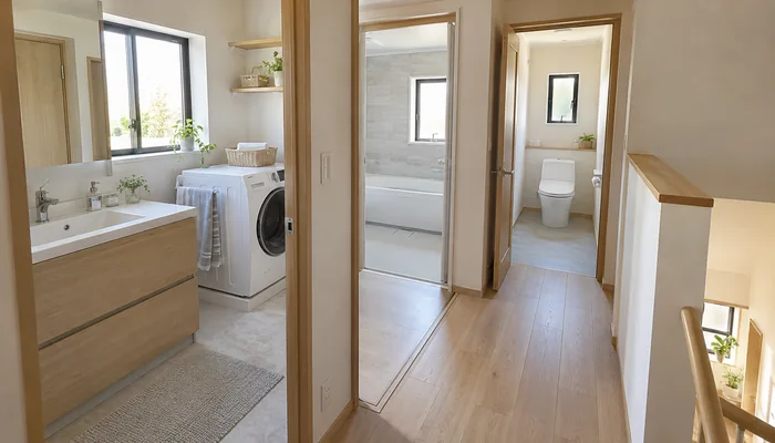 木目の洗面台と洗濯機の先に浴室とトイレが並び、廊下脇に階段が見える