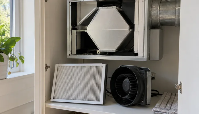 開いた換気ユニットの下にフィルターとファンが並び、窓辺から光が入っている