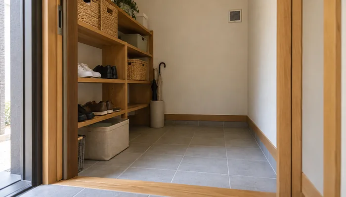 靴棚のある窓のない土間収納で、壁の換気口と玄関からの光が見える