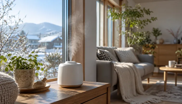 雪の積もる景色を映す窓辺で、白い加湿器から細い蒸気が上がっている