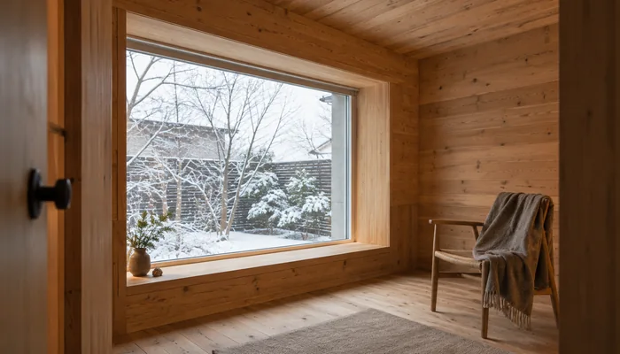 木張りの部屋の大きな窓から雪の庭が見え、脇の椅子に茶色の毛布が掛かっている